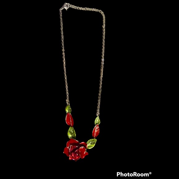 Beautiful Rose Statement Necklace with Red & Green Rhinestones - Picture 2 of 4